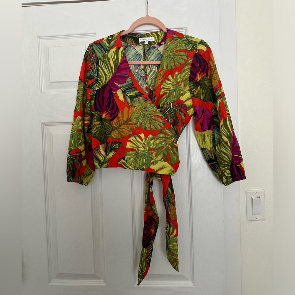 Linen-blend wrap top